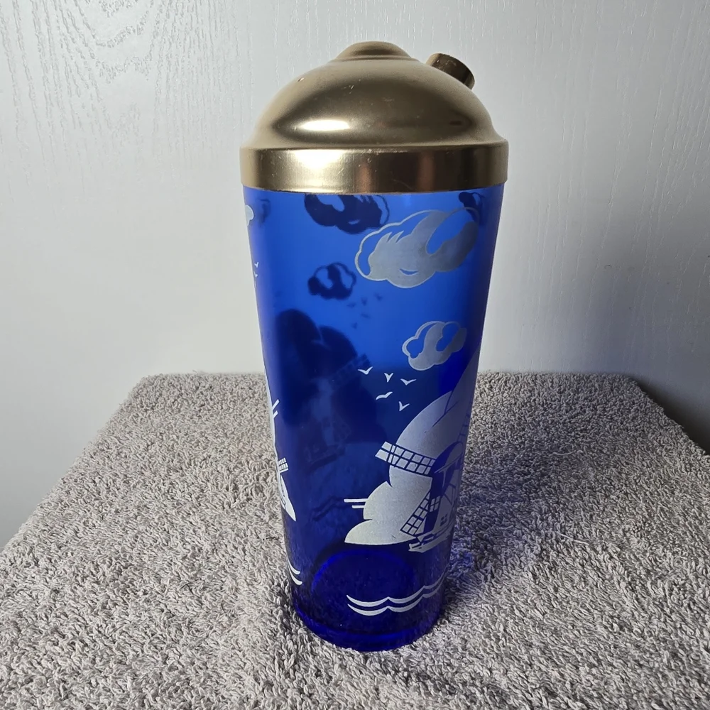 Vintage Hazel Atlas Cobalt Blue Art Deco Cocktail Shaker Windmill Pattern No Cap